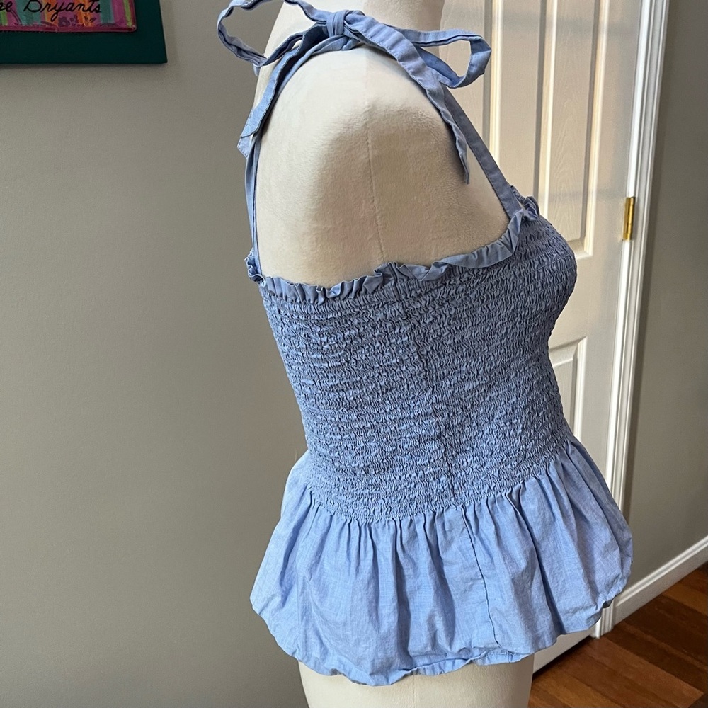J. Crew Medium Blue Smocked Tie-Shoulder Tank Top Chambray Fabric Stretchy - Picture 6 of 10